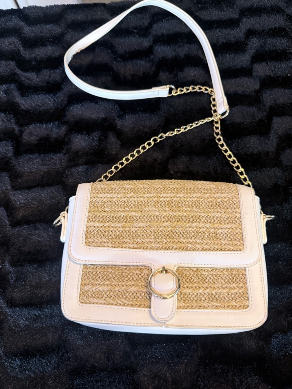 C. Wonder Woven Straw Crossbody with Cream Trim and Gold Chain